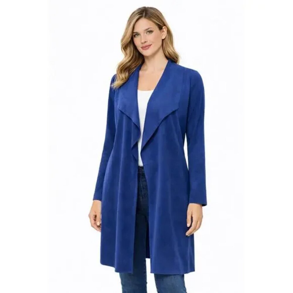 Chico’s Navy Blue Faux Suede Waterfall Drape Long Open Front Cardigan Jacket